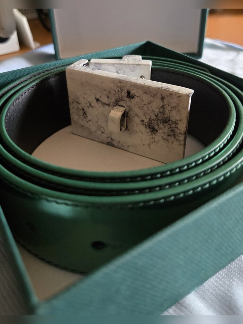 Buscemi Marble Buckle Belt Green Italian Leather